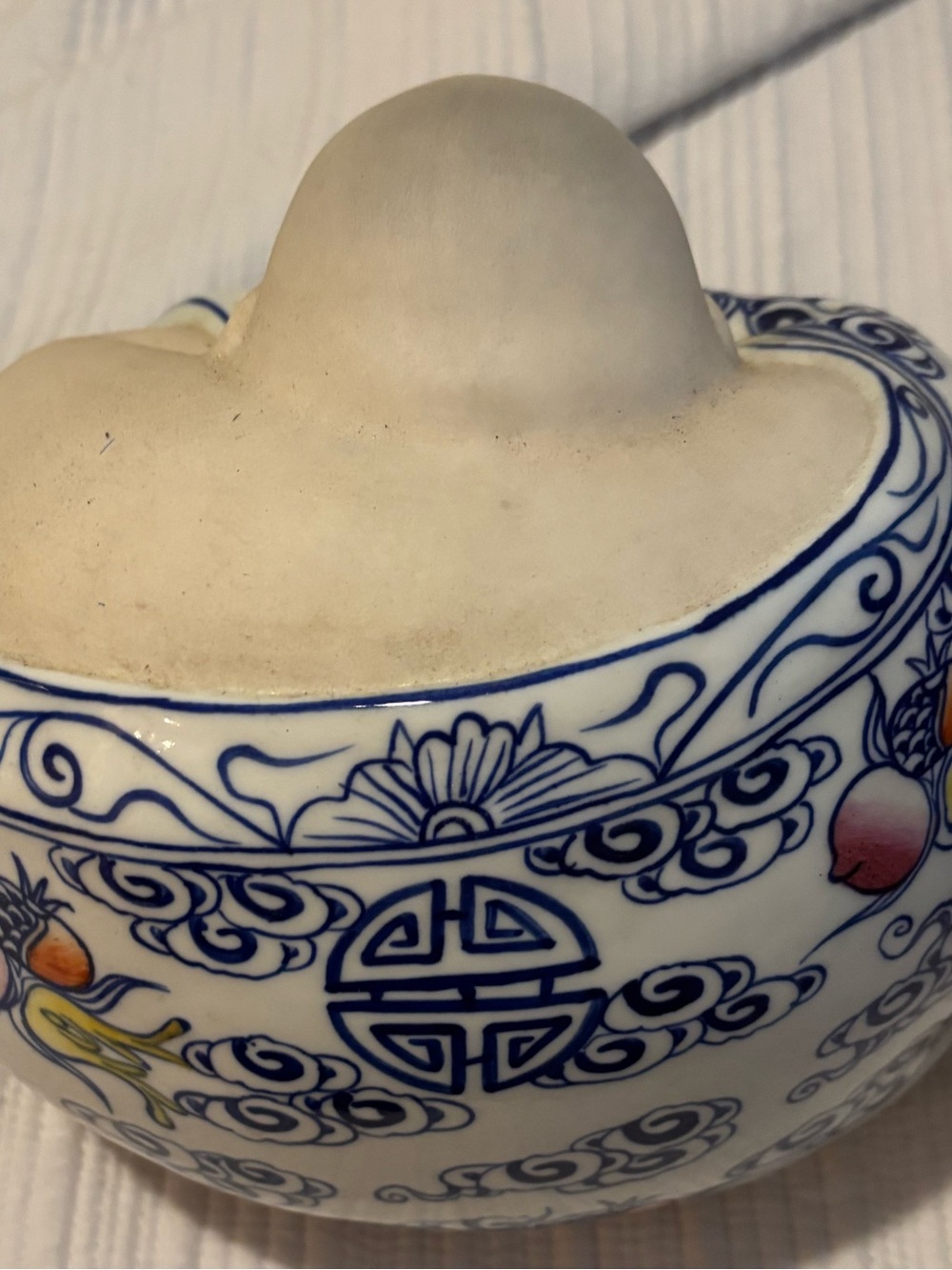 Blue & White Ceramic Laughing Buddha Figurine with Floral Accents - Picture 4 of 5